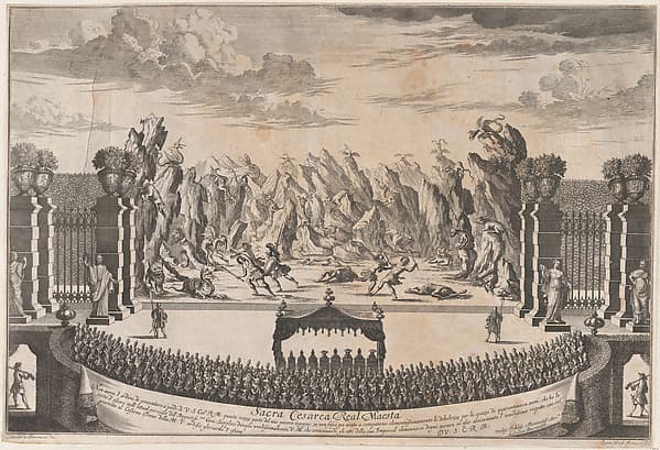 The royal family sitting under a canopy, watching dancers perform the opening ballet of 'La Costanza d'Ulisse', by Johann Ulrich Kraus