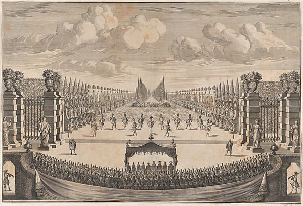The royal family sitting under a canopy, watching dancers perform the final ballet of 'La Costanza d'Ulisse', by Johann Ulrich Kraus