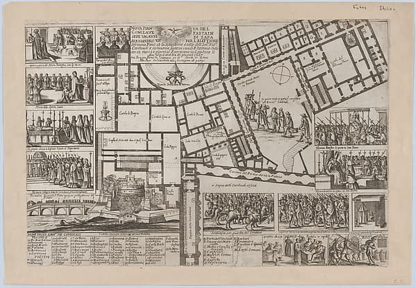 Papal conclave following the death of Pope Alessandro VII, with an iconographic map of Vatican City and scenes of the funeral, procession, and election of the new pope, by Giovanni Giacomo De Rossi