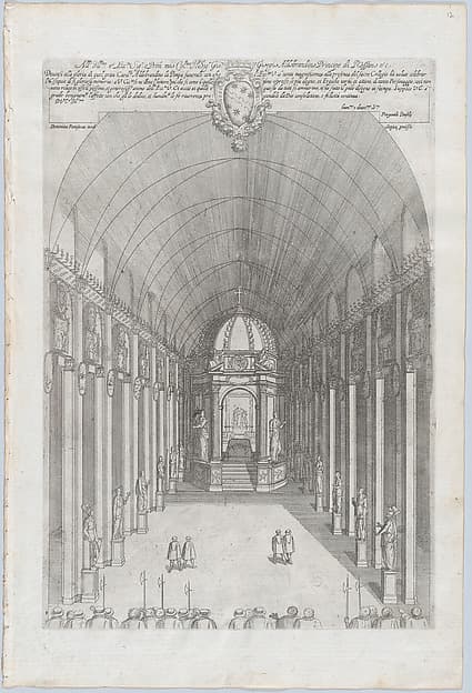 Catafalque for Cardinal Pietro Aldobrandini in Santa Maria sopra Minerva, Rome, from "Libro De Catafalchi, Tabernacoli, con varij designi di Porte fenestre et altri ornamenti di Architettura", by Domenico Parasacchi