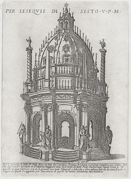 Catafalque for Pope Sixtus V, from "Libro De Catafalchi, Tabernacoli, con varij designi di Porte fenestre et altri ornamenti di Architettura", by Giovanni Maggi