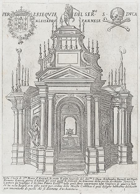 Catafalque for Duke Alessandro Farnese, from "Libro De Catafalchi, Tabernacoli, con varij designi di Porte fenestre et altri ornamenti di Architettura", by Giovanni Maggi