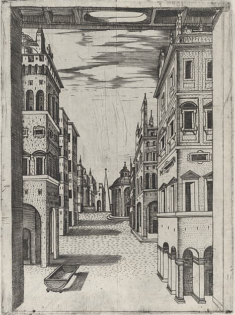 Design for a Stage Set Depicting a Perspectival View of an Ideal Renaissance City, by Anonymous, Italian, 16th century