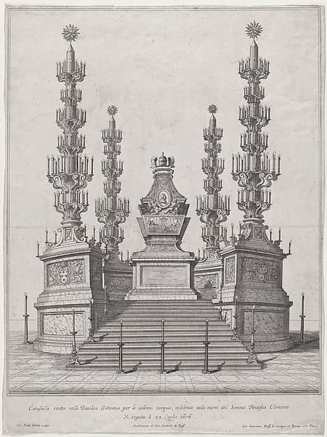 Catafalque for Pope Clement X; central structure at the top of a fifteen step platform, with columns surmounted by candelabra at each of the four corners, by Giovanni Battista Falda