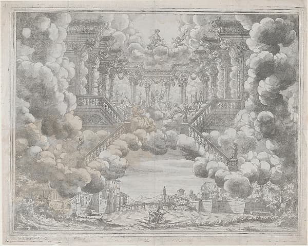 Stage design with allegorical figures on a staircase; from 'L'Eta Dell'Oro', by Carlo Antonio Forti