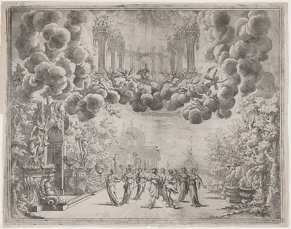 Stage design with allegorical figures; from 'L'Idea di tutti le perfezioni ... Piacenza', by Carlo Antonio Forti