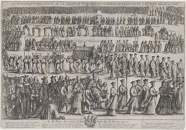 The procession of the casket of St. Genevieve, with clerics and laymen marching in six rows; in the foreground the Archbishop of Paris is carried in a chair, the Chasse in the row above him, and the monks of the monasteries of Paris lead the procession at top, by Nicolas Cochin