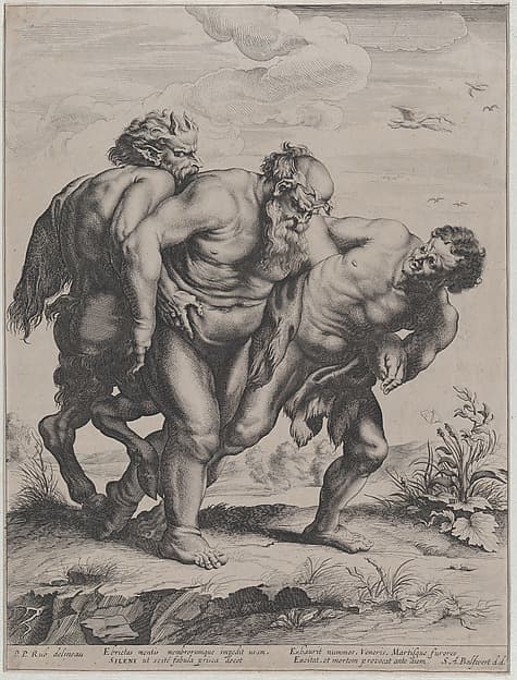 The drunken Silenus, supported by a satyr and a faun, by Schelte Adams à Bolswert