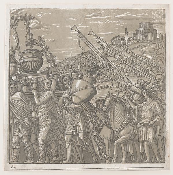 Sheet 4: Men carrying trophies at left, trumpeters at right, from "The Triumph of Julius Caesar", by Andrea Andreani