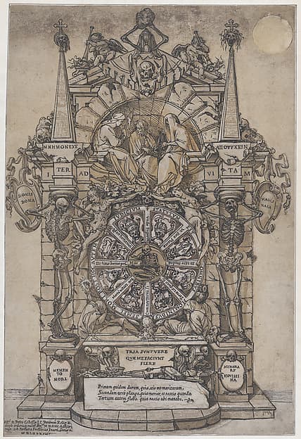 Triumph of Death with three fates in an architectural frame above a wheel of fortune flanked by skeletons; a skull and an hour glass at top and with wheel intended to spin at center, by Andrea Andreani