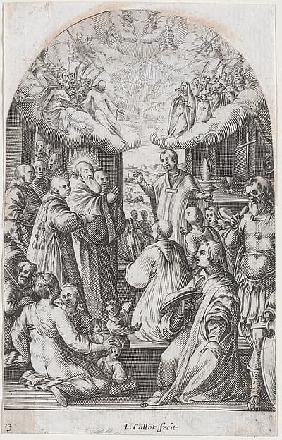 The Death of St. Benedict, plate 13 from "Les Eglises Jubilaires" (The Paintings of Rome, The Churches Jubilee), by Jacques Callot