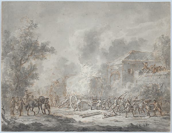 A Skirmish with Soldiers Near a Farm (recto); Sketch with Soldiers (verso), by Dirk Langendijk