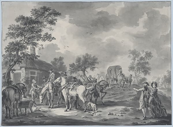 A Gathering of Horsemen and a Coach near a Watering Place, by Dirk Langendijk
