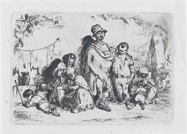 Plate 2: a group of people in the street, possibly beggars, from "Customs and Pastimes of the Spanish People", by Francisco Lameyer y Berenguer