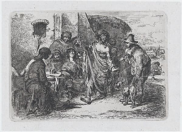 Plate 5: a drunk and dishevelled man dancing in the street surrounded by a group of onlookers, from "Customs and Pastimes of the Spanish People", by Francisco Lameyer y Berenguer