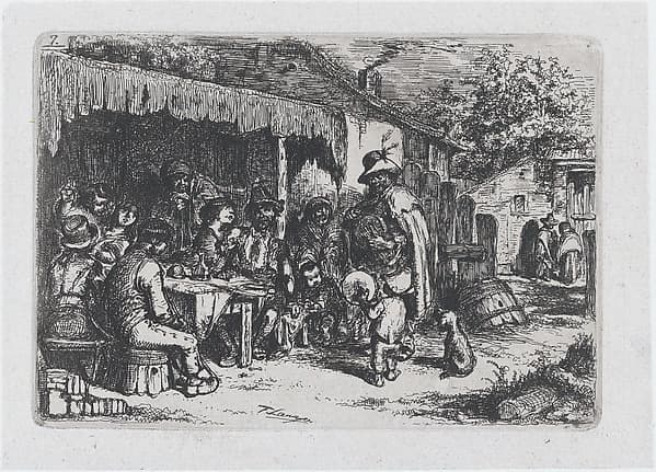 Plate 7: a street musician and a child accomplice playing before a group of seated figures, from "Customs and Pastimes of the Spanish People", by Francisco Lameyer y Berenguer
