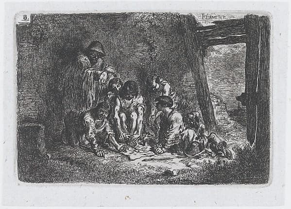 Plate 8: a group of figures, some of whom are playing a game, from "Customs and Pastimes of the Spanish People", by Francisco Lameyer y Berenguer