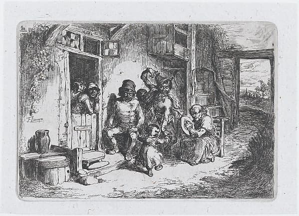 Plate 10: two figures dancing, another seated playing a drum, from "Customs and Pastimes of the Spanish People", by Francisco Lameyer y Berenguer
