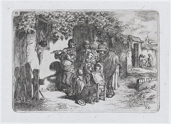 Plate 12: a group of people outdoors including a boy playing a flute, from "Customs and Pastimes of the Spanish People", by Francisco Lameyer y Berenguer