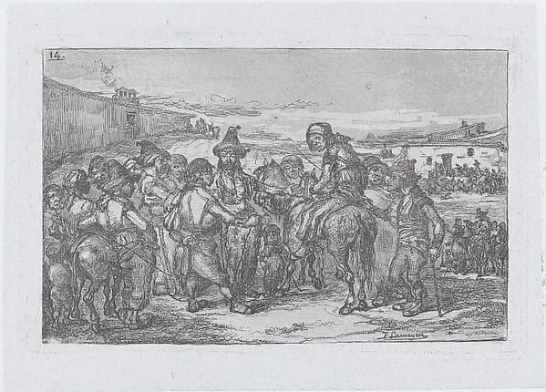 Plate 14: a large group of people outdoors, possibly a troupe of actors, from "Customs and Pastimes of the Spanish People", by Francisco Lameyer y Berenguer