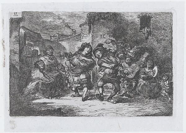 Plate 17: street musicians and dancing figures, from "Customs and Pastimes of the Spanish People", by Francisco Lameyer y Berenguer