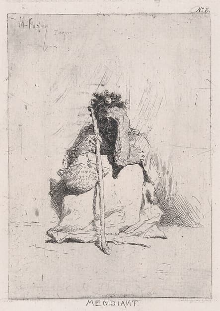 A beggar, seated on the ground holding a stick, by Mariano Fortuny, 1838–1874