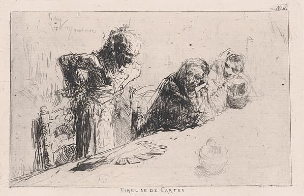 Cardplayers: three men, two seated one standing before a spread of cards on a table, by Mariano Fortuny, 1838–1874