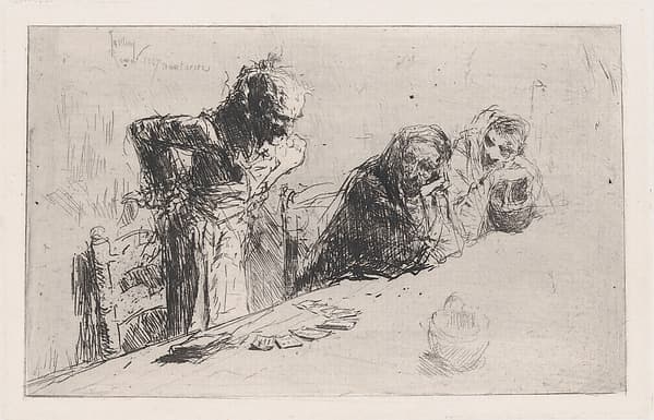 Cardplayers: three men, two seated one standing before a spread of cards on a table, by Mariano Fortuny, 1838–1874