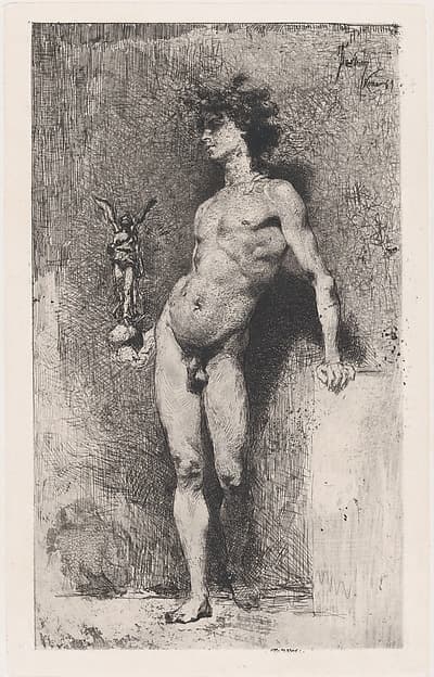 Victory: a naked youth standing facing left holding a statue of winged Victory in his right hand, by Mariano Fortuny, 1838–1874