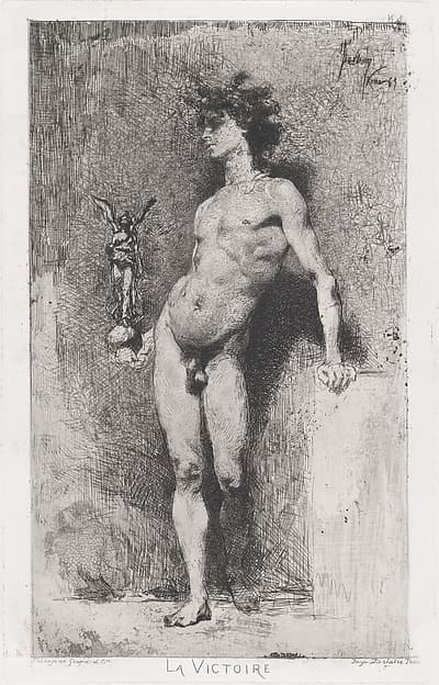 Victory: a naked youth standing facing left holding a statue of winged Victory in his right hand, by Mariano Fortuny, 1838–1874