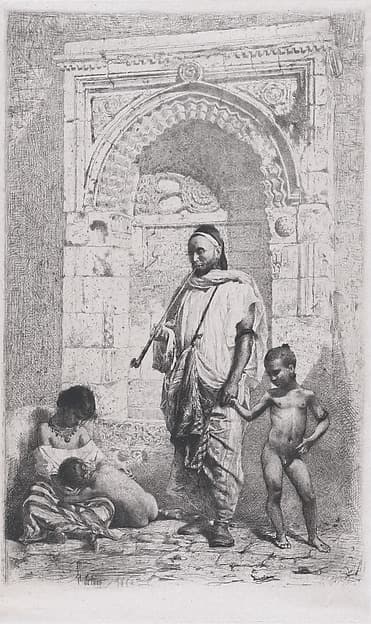 A Moroccan family in front of an arch, father standing, mother lower left on the ground holding a child, by Mariano Fortuny, 1838–1874