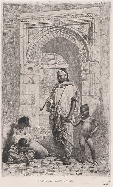 A Moroccan family in front of an arch, father standing, mother lower left on the ground holding a child, by Mariano Fortuny, 1838–1874