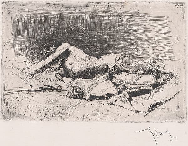 A partly naked man on the ground, right arm outstretched, by Mariano Fortuny, 1838–1874