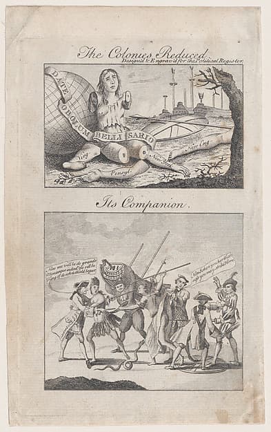The Colonies Reduced; Its Companion, designed and engraved for The Political Register, by Benjamin Franklin