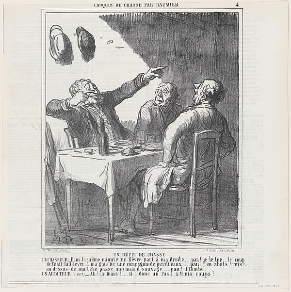 Hunters' tales, from 'Hunting sketches,' published in Le Charivari, October 29, 1864, by Honoré Daumier