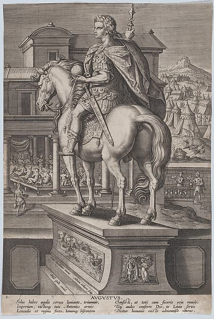 Plate 2: equestrian statue of Augustus, holding a globe and seen from behind, with a feast occurring at left in the background, from 'Roman Emperors on Horseback', by Adriaen Collaert