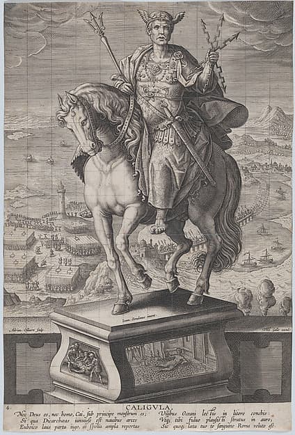 Plate 4: equestrian statue of Caligula, seen three-quarters to the left, wearing a winged helmet and holding double-headed arrows, a military scene in the background, from 'Roman Emperors on Horseback', by Adriaen Collaert