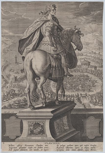 Plate 5: equestrian statue of Claudius, seen from behind, a naval competition at right in the background, from 'Roman Emperors on Horseback', by Adriaen Collaert