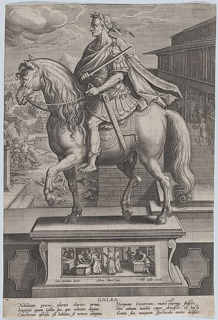 Plate 7: equestrian statue of Galba, in profile to the left, with a beheading scene in the background, from 'Roman Emperors on Horseback', by Adriaen Collaert