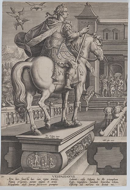 Plate 10: equestrian statue of Vespasian, seen from behind, three birds at upper right with one attacking another, from 'Roman Emperors on Horseback', by Adriaen Collaert