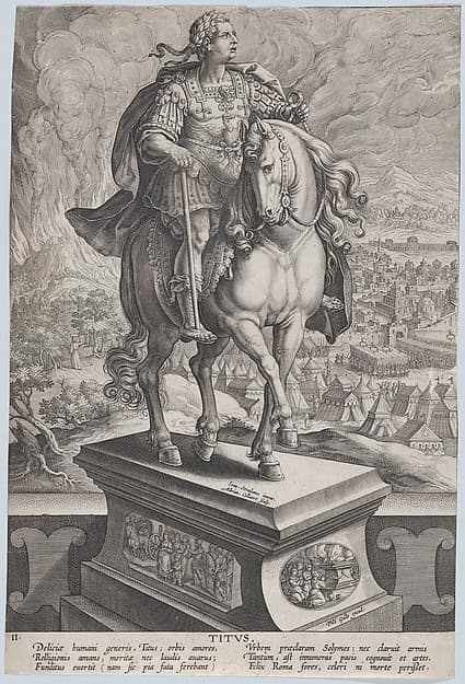 Plate 11: equestrian statue of Titus, seen three-quarters to the right, Mount Vesuvius erupting at left in the background, from 'Roman Emperors on Horseback', by Adriaen Collaert
