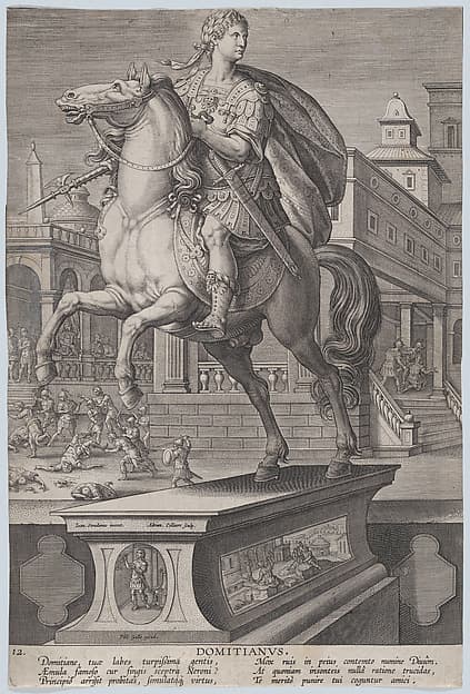Plate 12: equestrian statue of Domitian, seen three-quarters to the left, with his stabbing death at right in the background, from 'Roman Emperors on Horseback', by Adriaen Collaert
