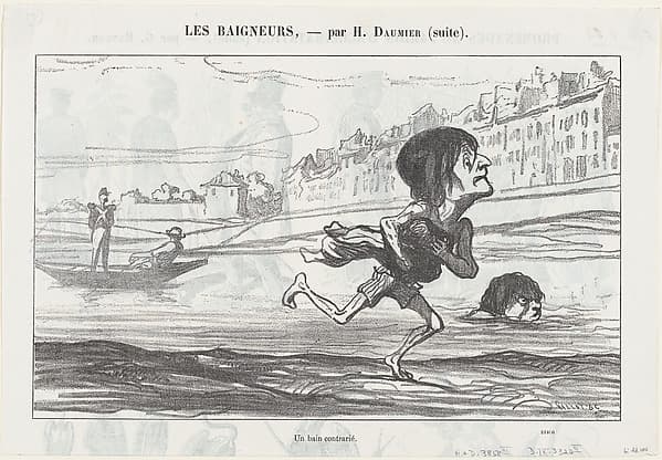 A forbidden swimming pleasure, from 'The bathers,' published in Le Petit Journal pour Rire, August 6, 1864, by Honoré Daumier