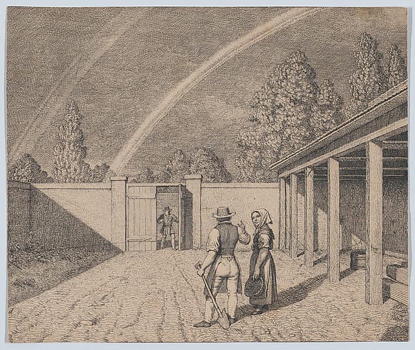 A couple conversing in a stable yard, with a double rainbow overhead, from 'Linear Perspective, Applied to the Art of Painting', by Christoffer Wilhelm Eckersberg