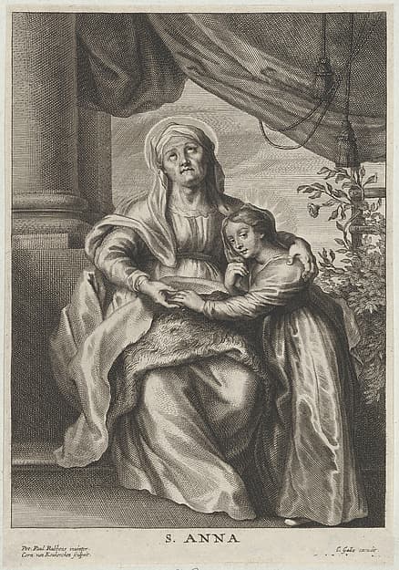 The education of the Virgin, with Saint Anne seated on a bench looking upwards and putting her arm around the Virgin, by Cornelis van Caukercken