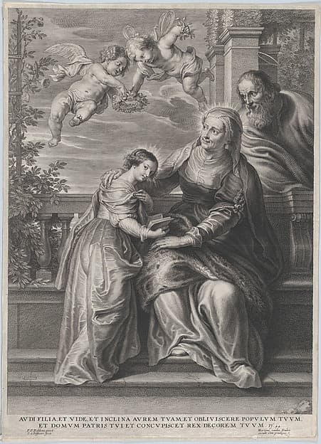 The education of the Virgin, with Saint Anne and the Virgin Mary reading with two putti overhead and Saint Joachim behind them at right, by Schelte Adams à Bolswert