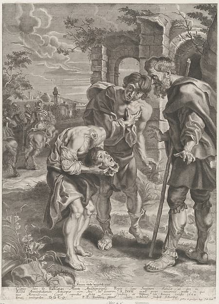 The miracle of Saint Just, who stands at center holding his decapitated head in his hands with two onlookers, by Jan (Hans) Witdoeck