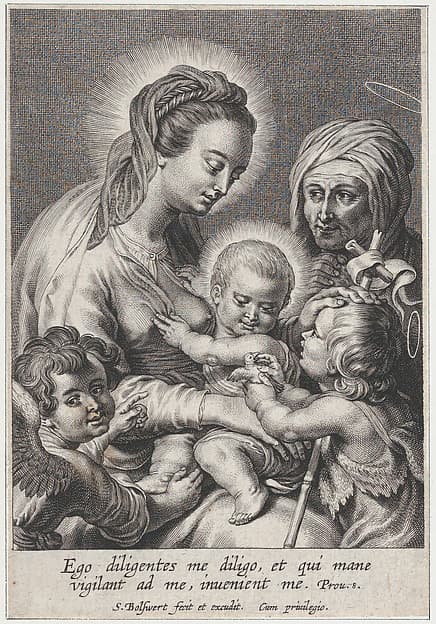 The Virgin and Christ child, with Saint John the Baptist showing them a bird at right, Saint Anne in the background at right, and a putto at lower left, by Schelte Adams à Bolswert