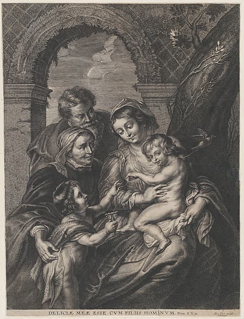 The Holy Family with Saint Elizabeth and the infant Saint John the Baptist, holding a bird on a string, by Anonymous