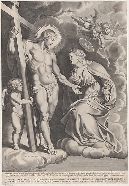 The Intercession of the Virgin, kneeling on a cloud at right before Christ, standing at left holding the cross, by Egbert Van Panderen